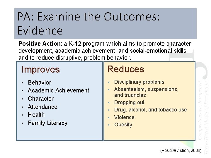 PA: Examine the Outcomes: Evidence Positive Action: a K-12 program which aims to promote