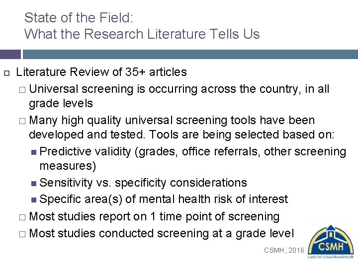 State of the Field: What the Research Literature Tells Us Literature Review of 35+