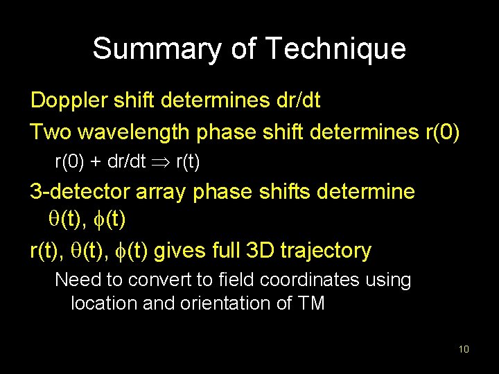 Summary of Technique Doppler shift determines dr/dt Two wavelength phase shift determines r(0) +
