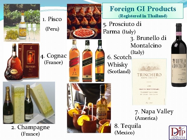 Foreign GI Products 1. Pisco (Peru) 4. Cognac (France) (Registered in Thailand) 5. Prosciuto