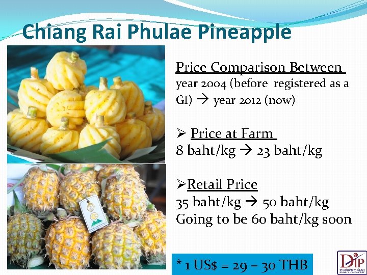 Chiang Rai Phulae Pineapple Price Comparison Between year 2004 (before registered as a GI)