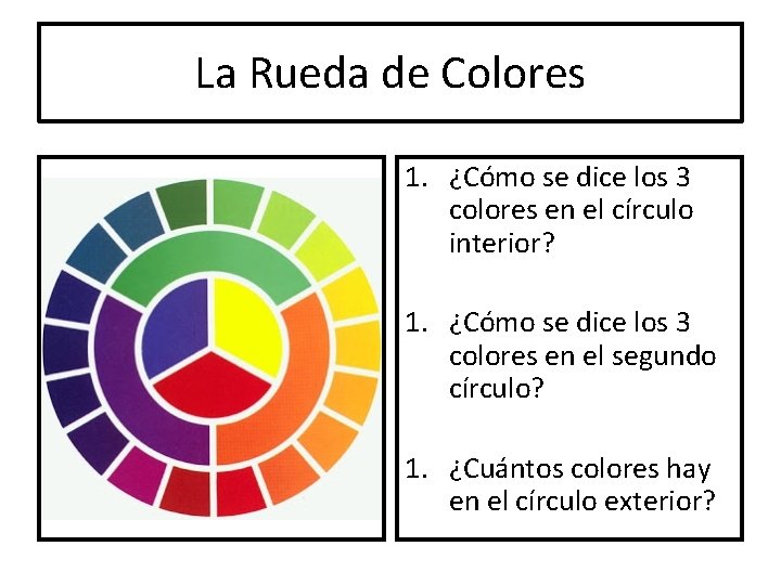 La Rueda de Colores 1. ¿Cómo se dice los 3 colores en el círculo