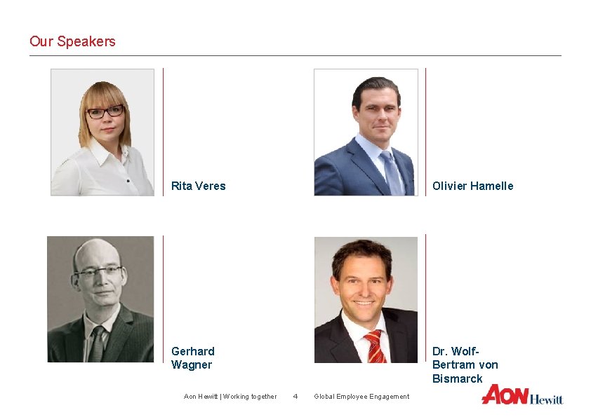 Our Speakers Rita Veres Olivier Hamelle Gerhard Wagner Dr. Wolf. Bertram von Bismarck Aon