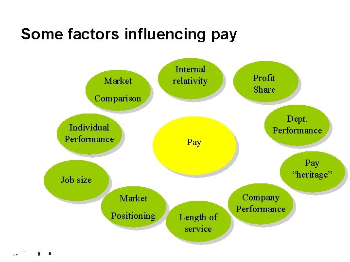 Some factors influencing pay Market Internal relativity Comparison Profit Share Dept. Performance Individual Performance