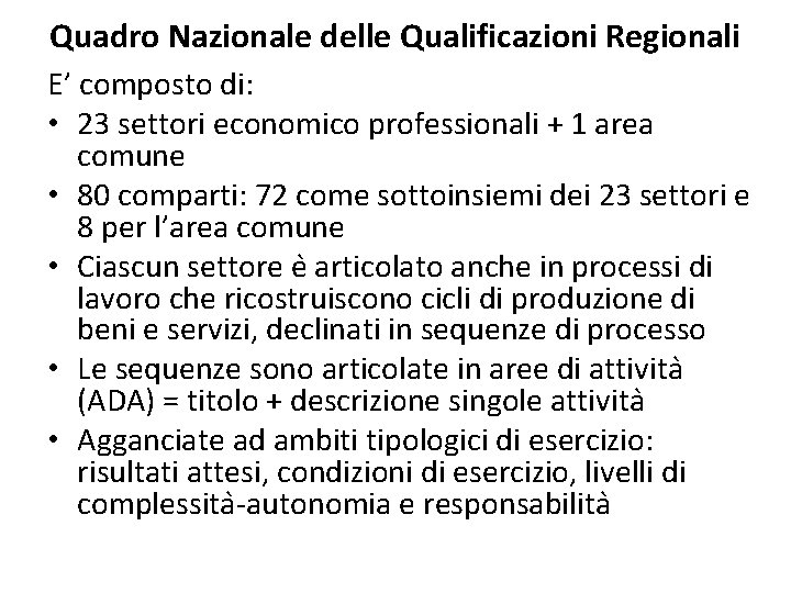 Quadro Nazionale delle Qualificazioni Regionali E’ composto di: • 23 settori economico professionali +