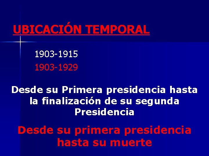 UBICACIÓN TEMPORAL 1903 -1915 1903 -1929 Desde su Primera presidencia hasta la finalización de