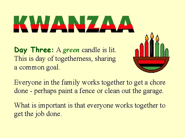 Day Three: A green candle is lit. This is day of togetherness, sharing a