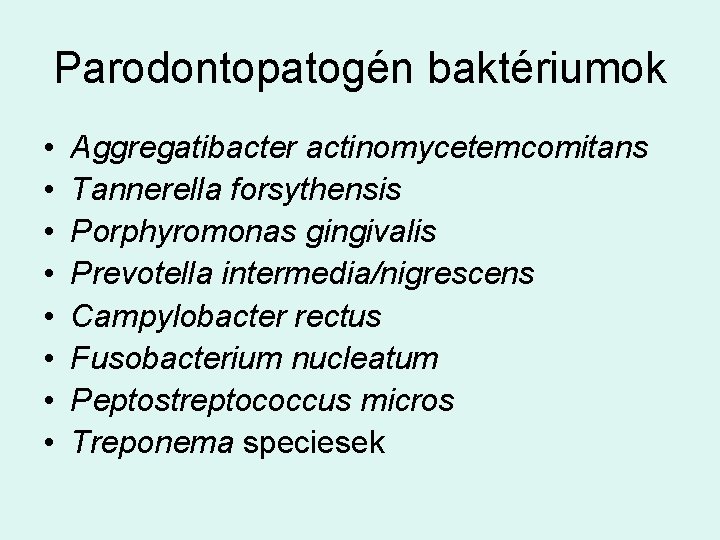 Parodontopatogén baktériumok • • Aggregatibacter actinomycetemcomitans Tannerella forsythensis Porphyromonas gingivalis Prevotella intermedia/nigrescens Campylobacter rectus