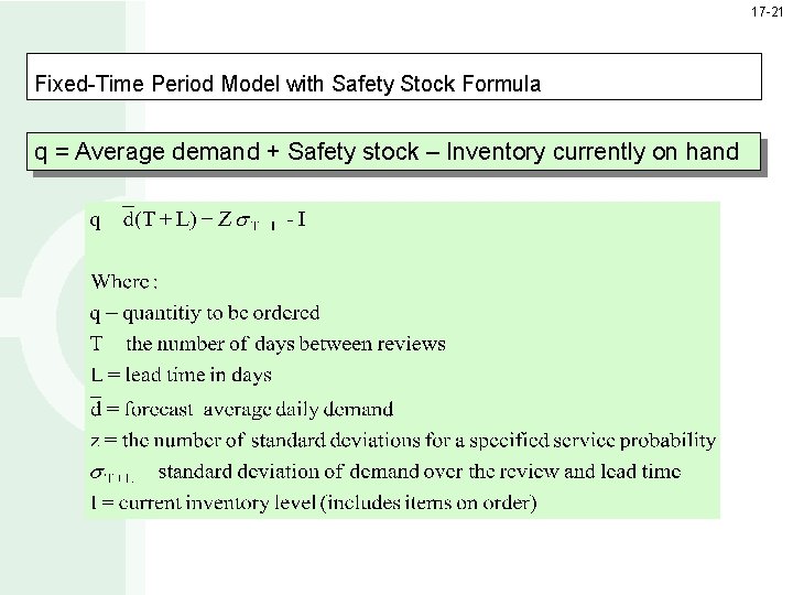 17 -21 Fixed-Time Period Model with Safety Stock Formula q = Average demand +