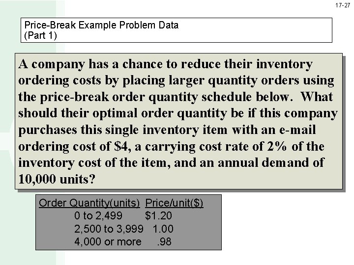 17 -27 Price-Break Example Problem Data (Part 1) A company has a chance to