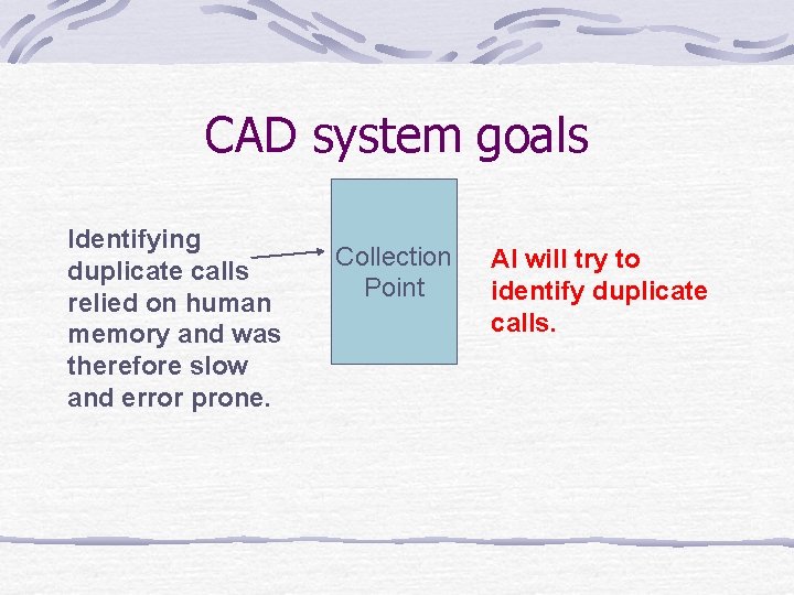 CAD system goals Identifying duplicate calls relied on human memory and was therefore slow