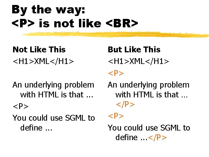 By the way: <P> is not like <BR> Not Like This <H 1>XML</H 1>