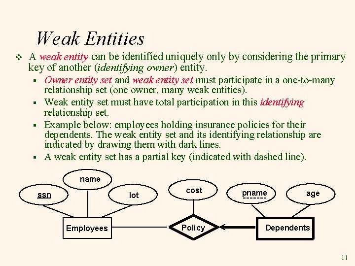 Weak Entities v A weak entity can be identified uniquely only by considering the Weak Entities v A weak entity can be identified uniquely only by considering the