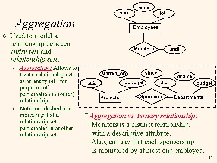 ssn Aggregation v § Aggregation: Allows to treat a relationship set as an entity ssn Aggregation v § Aggregation: Allows to treat a relationship set as an entity