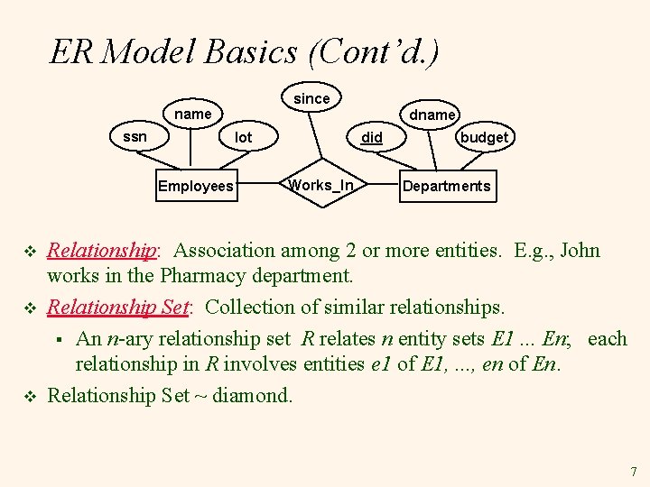 ER Model Basics (Cont’d. ) since name ssn lot Employees v v v dname ER Model Basics (Cont’d. ) since name ssn lot Employees v v v dname