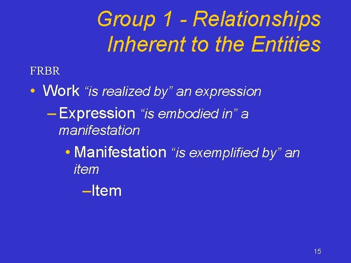 Group 1 - Relationships Inherent to the Entities FRBR • Work “is realized by”