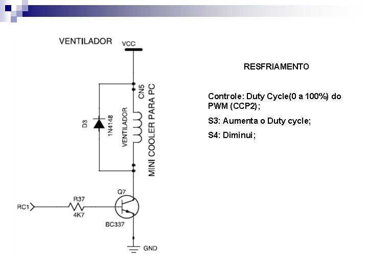 RESFRIAMENTO Controle: Duty Cycle(0 a 100%) do PWM (CCP 2); S 3: Aumenta o