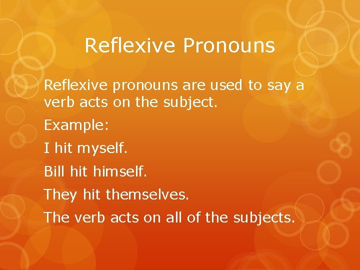 Reflexive Pronouns Reflexive pronouns are used to say a verb acts on the subject. Reflexive Pronouns Reflexive pronouns are used to say a verb acts on the subject.