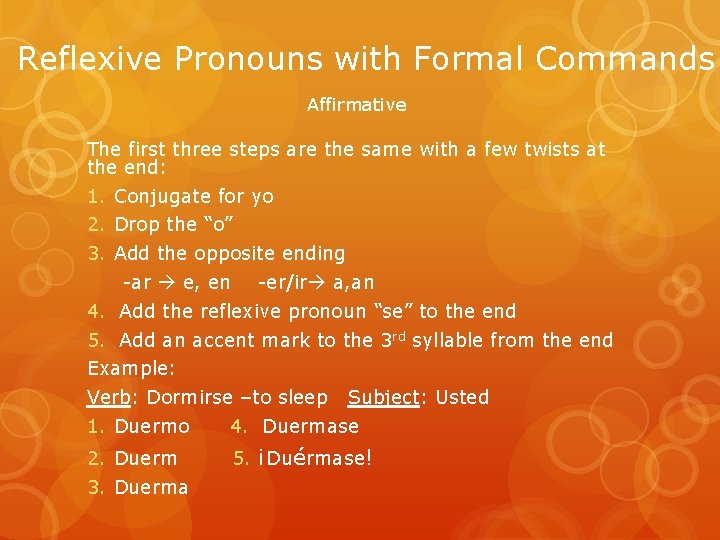 Reflexive Pronouns with Formal Commands Affirmative The first three steps are the same with