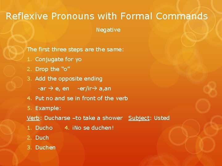 Reflexive Pronouns with Formal Commands Negative The first three steps are the same: 1.
