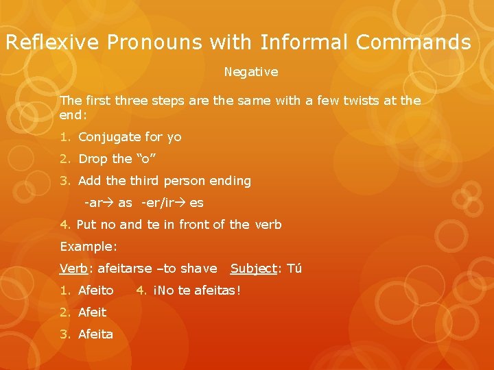 Reflexive Pronouns with Informal Commands Negative The first three steps are the same with