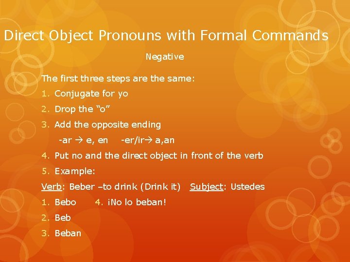 Direct Object Pronouns with Formal Commands Negative The first three steps are the same: