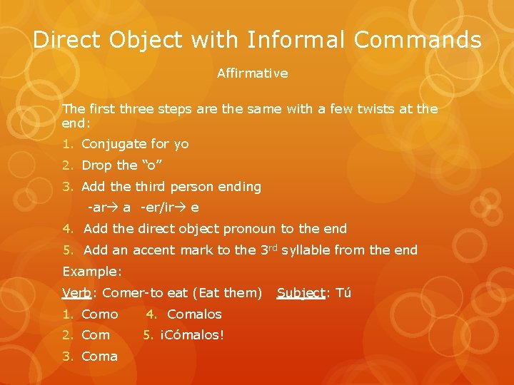 Direct Object with Informal Commands Affirmative The first three steps are the same with