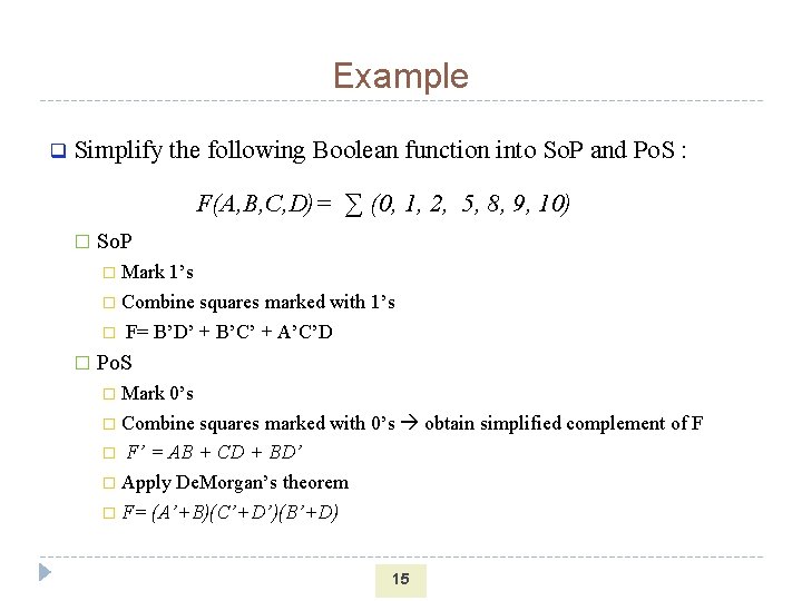 Example q Simplify the following Boolean function into So. P and Po. S :