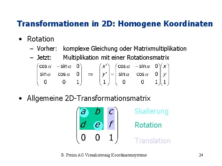 Transformationen in 2 D: Homogene Koordinaten • Rotation – Vorher: komplexe Gleichung oder Matrixmultiplikation