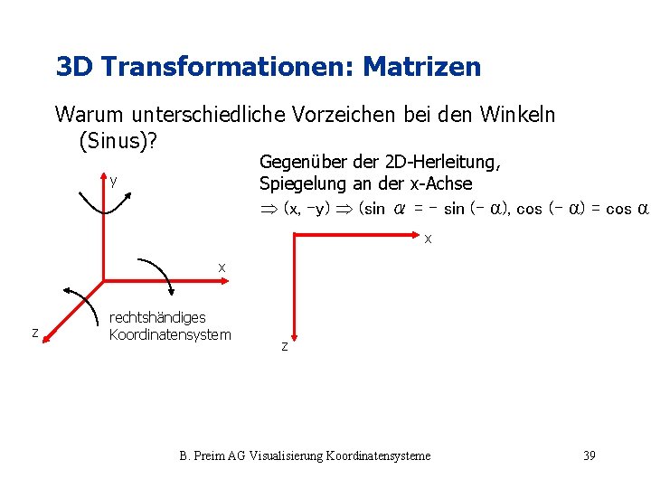 3 D Transformationen: Matrizen Warum unterschiedliche Vorzeichen bei den Winkeln (Sinus)? Gegenüber der 2