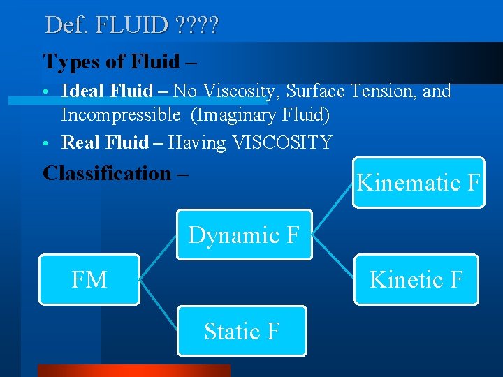 Def. FLUID ? ? Types of Fluid – Ideal Fluid – No Viscosity, Surface