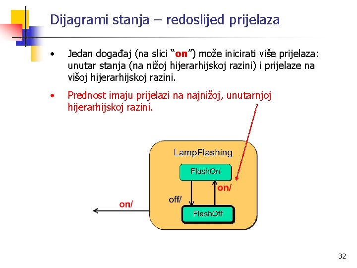 Dijagrami stanja – redoslijed prijelaza • Jedan događaj (na slici “on”) može inicirati više