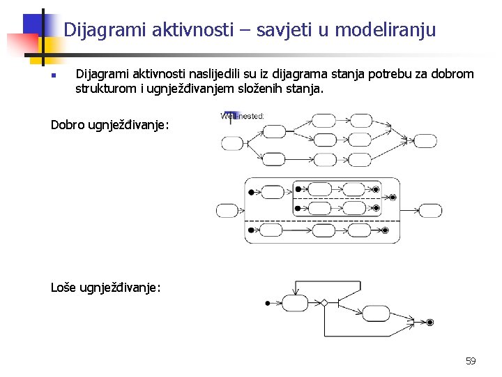 Dijagrami aktivnosti – savjeti u modeliranju n Dijagrami aktivnosti naslijedili su iz dijagrama stanja