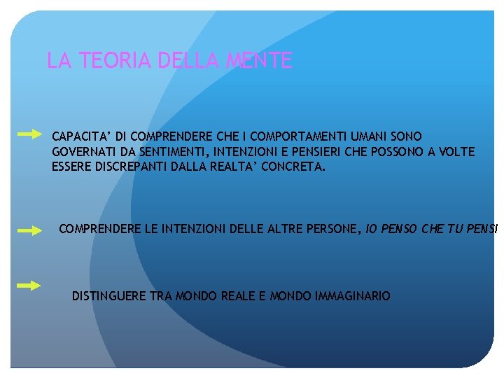 LA TEORIA DELLA MENTE CAPACITA’ DI COMPRENDERE CHE I COMPORTAMENTI UMANI SONO GOVERNATI DA