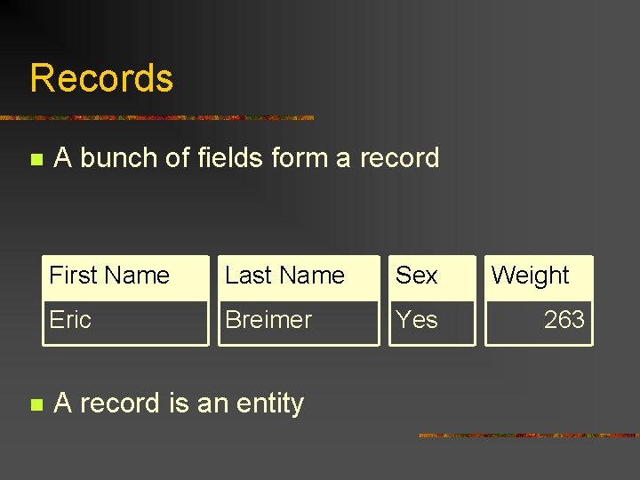 Records n n A bunch of fields form a record First Name Last Name Records n n A bunch of fields form a record First Name Last Name