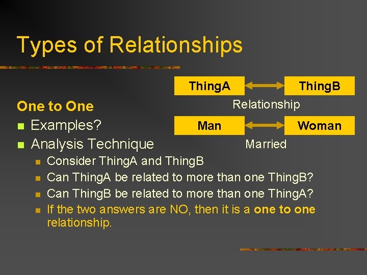 Types of Relationships Thing. A One to One n Examples? n Analysis Technique n Types of Relationships Thing. A One to One n Examples? n Analysis Technique n