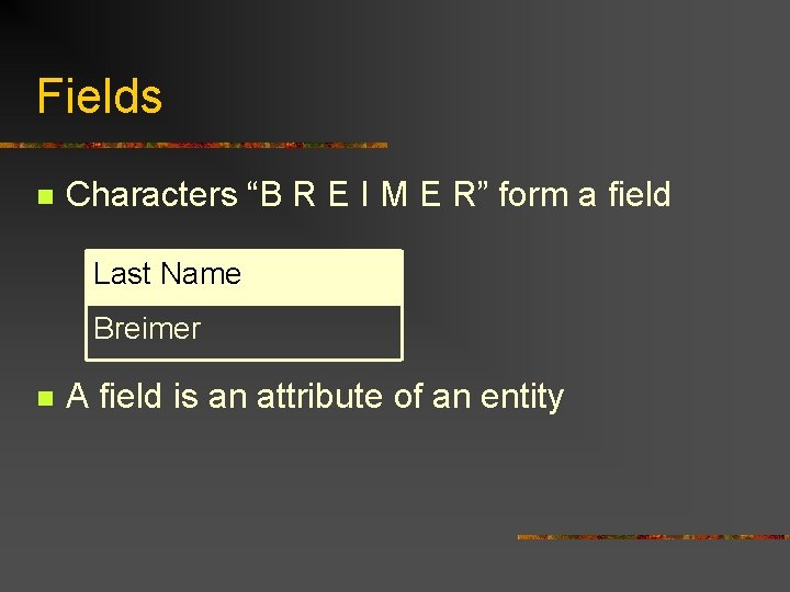 Fields n Characters “B R E I M E R” form a field Last Fields n Characters “B R E I M E R” form a field Last