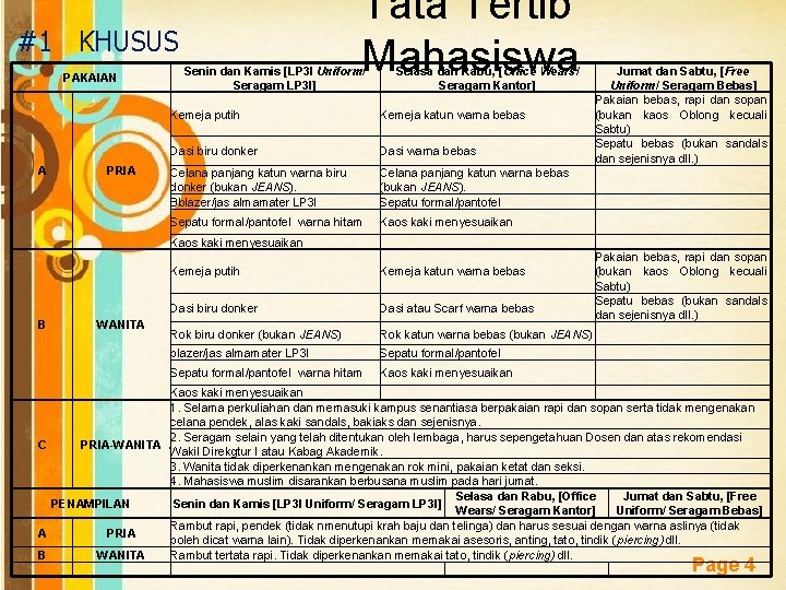 Tata Tertib Mahasiswa #1 KHUSUS PAKAIAN A B PRIA WANITA Senin dan Kamis [LP Tata Tertib Mahasiswa #1 KHUSUS PAKAIAN A B PRIA WANITA Senin dan Kamis [LP