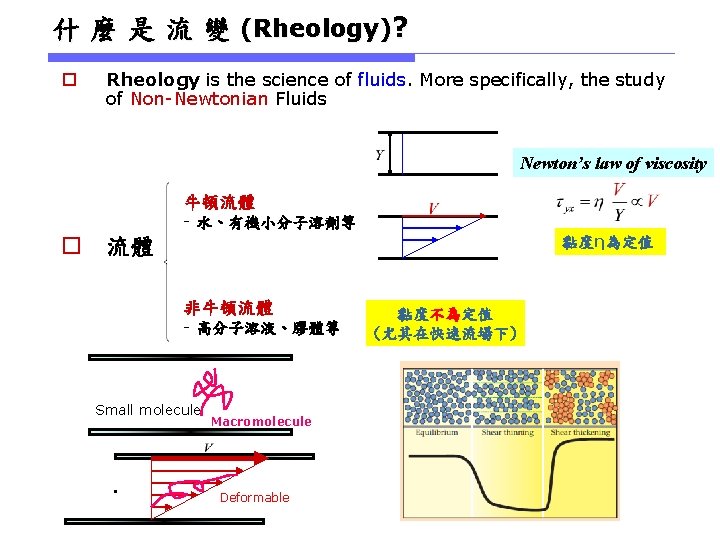 什 麼 是 流 變 (Rheology)? o Rheology is the science of fluids. More