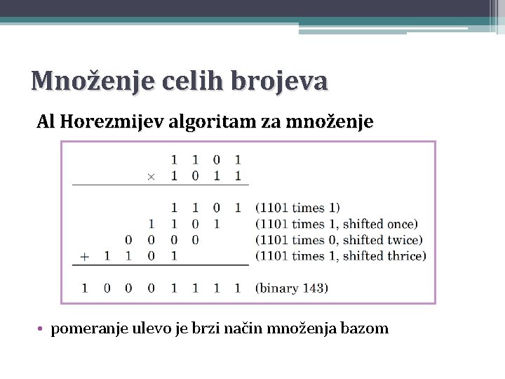 Množenje celih brojeva Al Horezmijev algoritam za množenje • pomeranje ulevo je brzi način