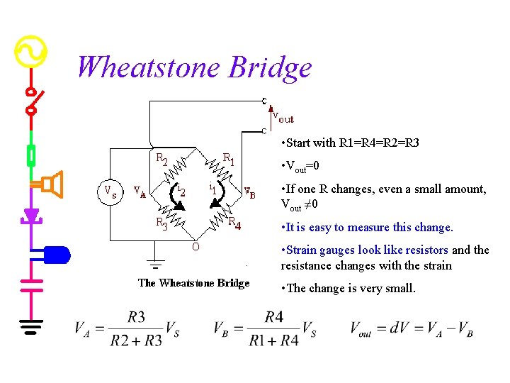 Wheatstone Bridge • Start with R 1=R 4=R 2=R 3 • Vout=0 • If