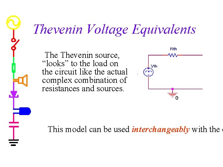 Thevenin Voltage Equivalents Thevenin source, “looks” to the load on the circuit like the