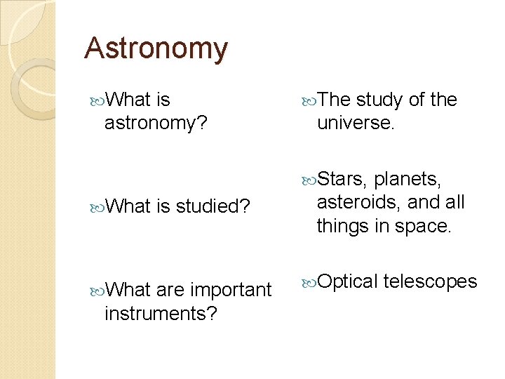 Astronomy What is astronomy? The study of the universe. Stars, What is studied? are