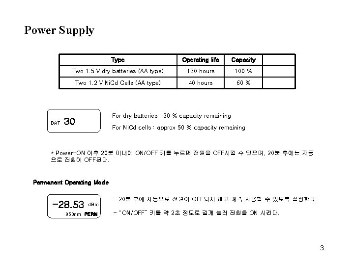 Power Supply BAT Type Operating life Capacity Two 1. 5 V dry batteries (AA