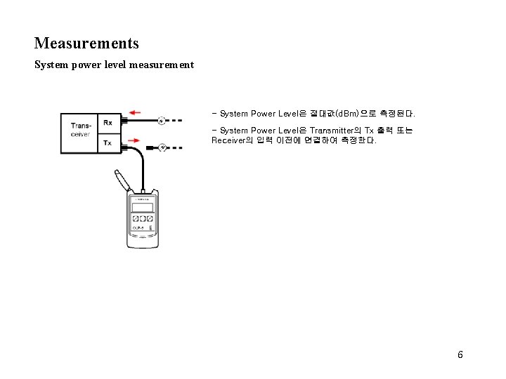 Measurements System power level measurement - System Power Level은 절대값(d. Bm)으로 측정된다. - System
