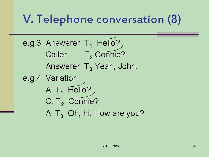 V. Telephone conversation (8) e. g. 3 Answerer: T 1 Hello? Caller: T 2