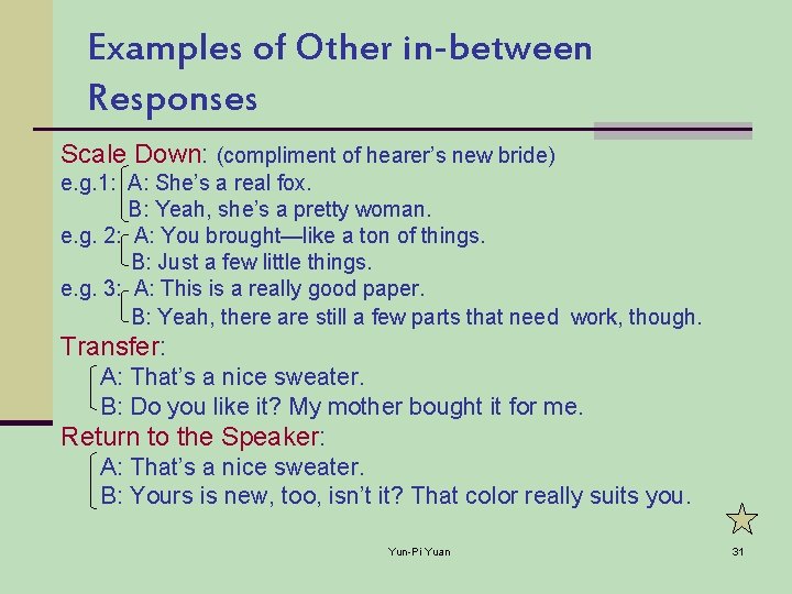 Examples of Other in-between Responses Scale Down: (compliment of hearer’s new bride) e. g.