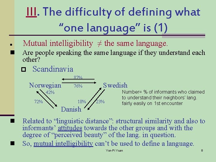 III. The difficulty of defining what “one language” is (1) n n Mutual intelligibility