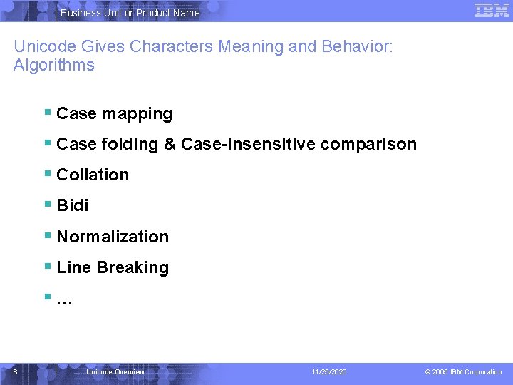 Business Unit or Product Name Unicode Gives Characters Meaning and Behavior: Algorithms § Case