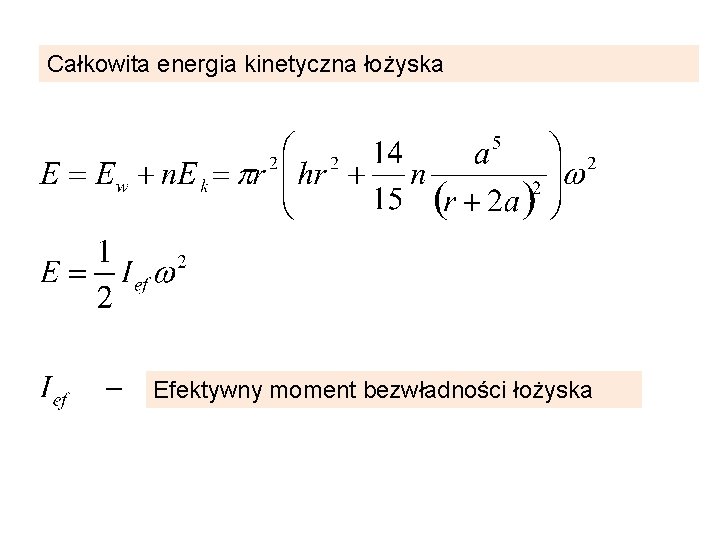 Całkowita energia kinetyczna łożyska Efektywny moment bezwładności łożyska 